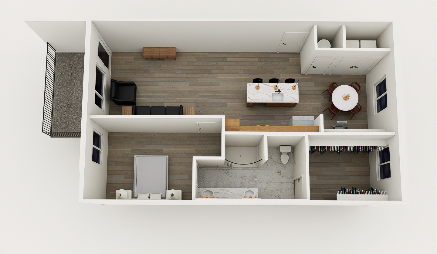 1 bedroom/ 1 bath floorplan layout for urban edge